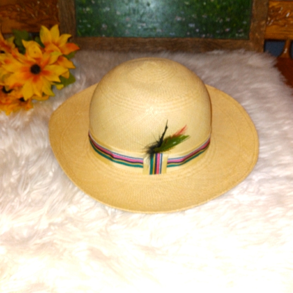 ❤️‍🔥Vintage New Men's Straw Weave Hat colorful pinstripes w/feathers